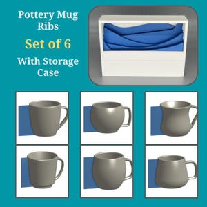 May include: A set of six grey pottery mugs in different shapes, each with a handle. They are presented with a white storage case containing blue fabric. The image includes text: "Pottery Mug Ribs Set of 6 With Storage Case."