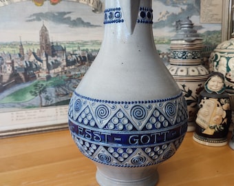 Antique German Stoneware Jug Gerz 1443 Art Nouveau Paul Wynand Beer Pitcher Jugendstil Pewter Lid Vintage