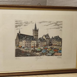 Original Hand Colored Etching Trier Hauptmarkt Framed Vintage German Cityscape Wall Art