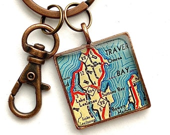 Suttons Bay Michigan Keychain or Necklace. Handmade and Thoughtful Engagement Gifts.