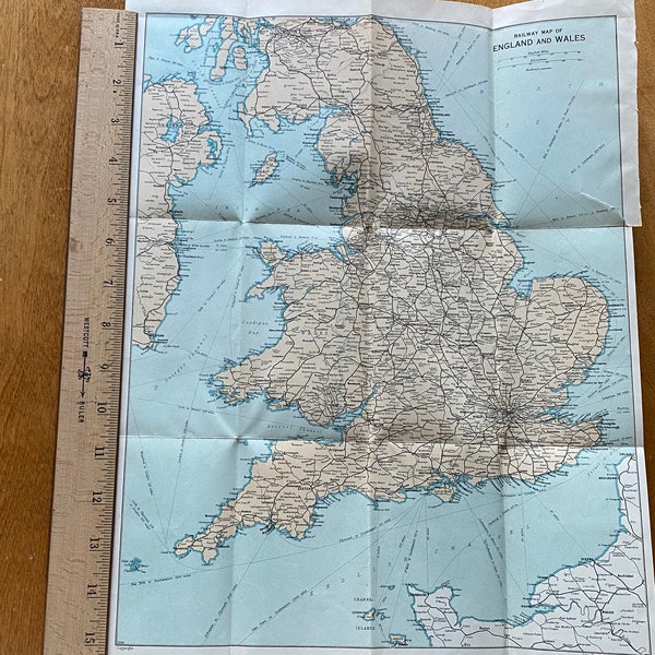 Old Paper Map of England. Vintage 1950s Wall Art Decor for your Home or Office. Retro MCM Aesthetic.