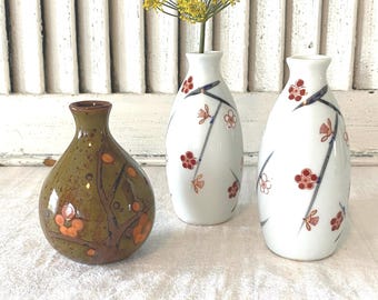 Japanese Vintage Vases or Tokkuri Sakki Wine Bottles. Set of 3 Petite Spring Flower Vases for She Shed or Powder Room Decor.