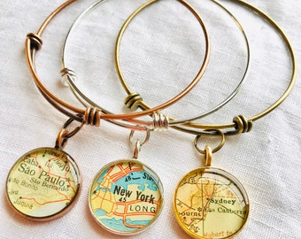 Custom Map Gift for Women. Personalized Location Charm Bracelet. You Name the Special Location! Artisan Made Girlfriend Gift.