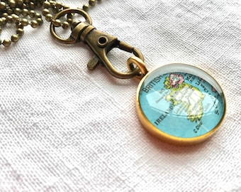 Personalized Gold Pendant Necklace.KeyChain or Bracelet Options.Map Charm.Gold Round Pendant.You Name the Location.Personalized Gift.