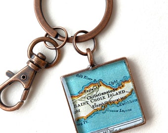 St. Croix Map Keychain for Anniversary Gift for Boyfriend. Unique Artisan Christmas Gift for Women.