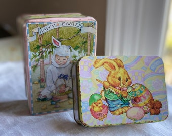 Vintage Easter Tins. Small Mary Engelbreit metal tin. Easter Table Decor Shelf Decor. Happy Easter.