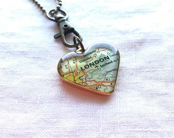 London Heart Pendant Necklace. Long Gold Necklace for Her. England Vintage Map Gift.