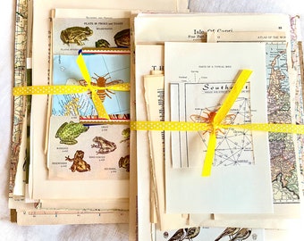 Large Collage Kit.Vintage Paper Bundle.Maps, Illustrations, Foreign Language text pages.Perfect for mixed media art projects, craft weekends