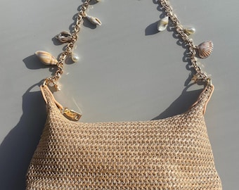 Handmade Seashell & Starfish Charm Beige Straw Shoulder Bag | Cute | Beach | Holiday | Fashion