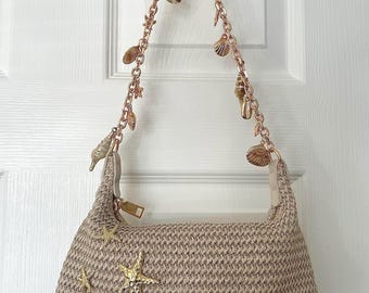 Handmade Seashell & Starfish Charm Light Beige Straw Shoulder Bag | Cute | Beach | Holiday | Fashion