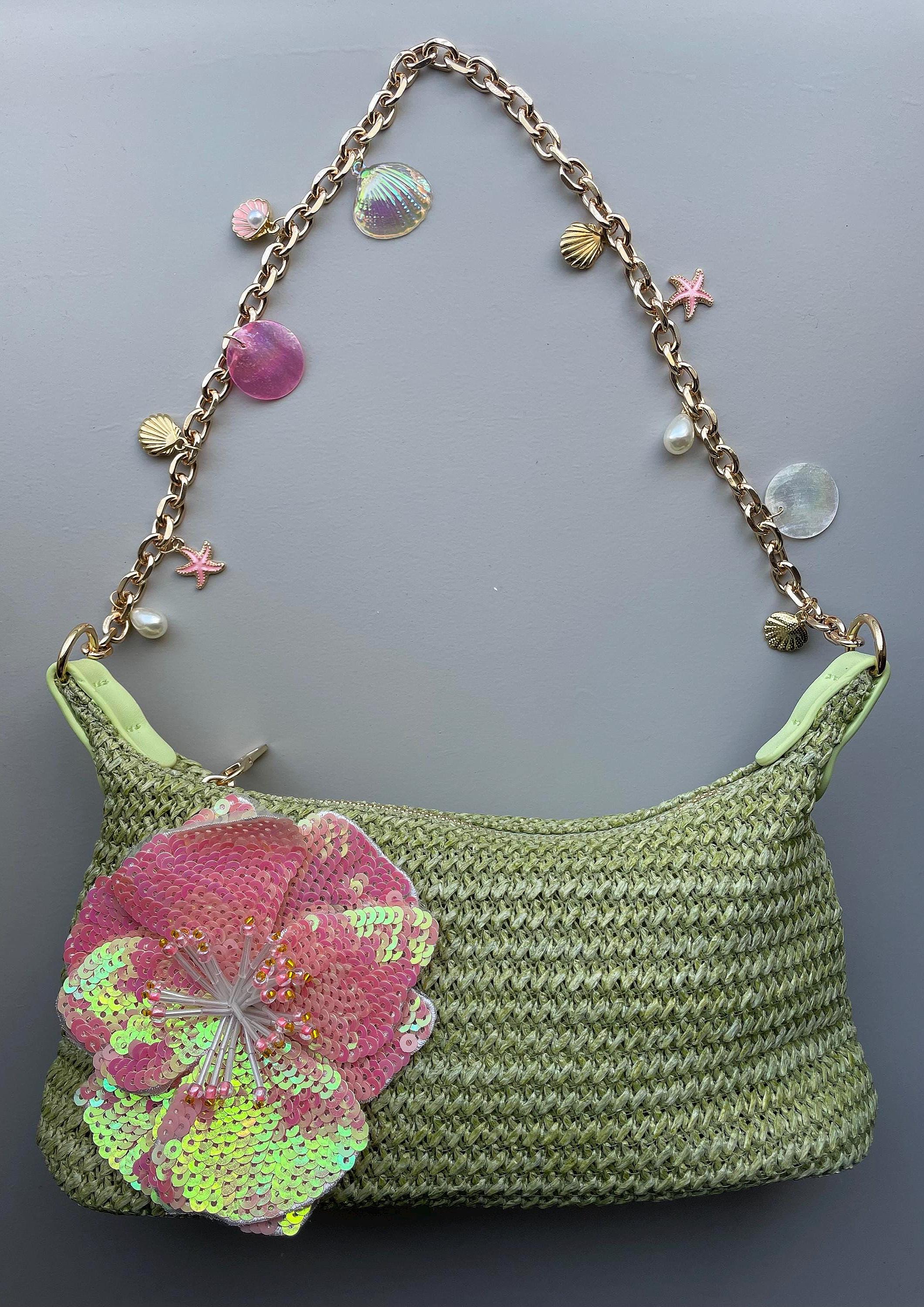 Handmade Seashell, Starfish & Pearl Charm Matcha Green Straw Shoulder Bag | Cute | Beach | Holiday | Fashion