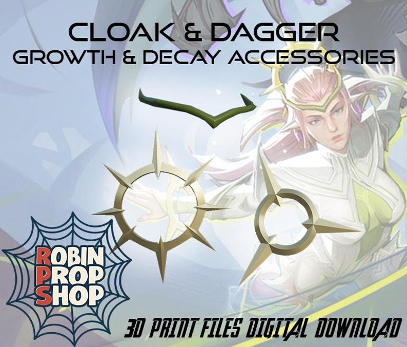 Może przedstawiać: Obraz z akcesoriami z tekstem "CLOAK & DAGGER GROWTH & DECAY ACCESSORIES". Obraz zawiera zielony obiekt w kształcie strzałki i dwa złote, okrągłe obiekty z ostrymi krawędziami. Widoczne jest r&oacute;wnież logo "ROBIN PROP SHOP".