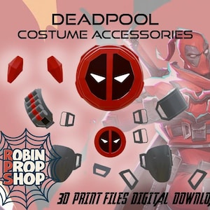 May include: An assortment of Deadpool costume accessories, including a red mask emblem, red geometric shapes, and black and gray components. The image includes the text "DEADPOOL COSTUME ACCESSORIES" and "3D PRINT FILES DIGITAL DOWNLOAD."
