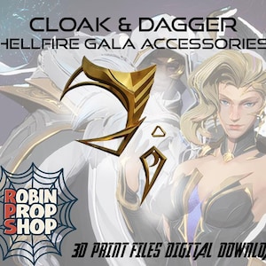 May include: Digital image showcasing gold accessories, such as a headpiece and other decorative items. The text reads "CLOAK & DAGGER HELLFIRE GALA ACCESSORIES" and "3D PRINT FILES DIGITAL DOWNLOAD". The Robin Prop Shop logo is also visible in the image.