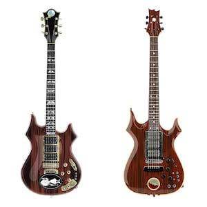 May include: Four brown electric guitars with unique designs and intricate details. Each guitar has a different body shape, headstock, and fretboard inlay. The guitars are all in a similar color scheme, with a dark brown finish and gold hardware.