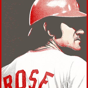 May include: A vintage-style illustration of a baseball player wearing a red cap with the name "ROSE" printed in red on the back of a white jersey.