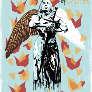以下が含まれることがあります： 「Guided by Voices」のポスター。剣を持つ様式化された天使が、赤とオレンジの抽象的な王冠の形をした水色の背景に描かれています。「GUIDED by VOICES」の文字が上部にあります。
