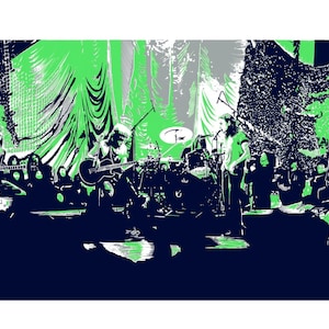 May include: A black and white illustration of a band performing on stage. The band is silhouetted against a green and white background. The band members are playing guitars, drums, and other instruments.