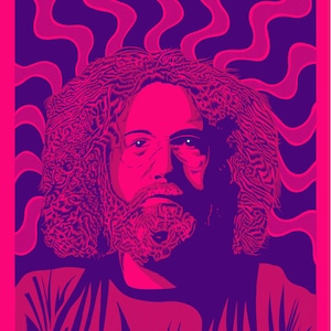 May include: A vivid, psychedelic art print depicting a man with a beard and glasses. The image uses pink, purple, and magenta hues, with wavy lines in the background. The artwork is framed in a bright pink border, creating a striking visual effect.