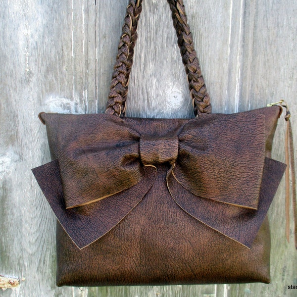 Leather Bow Bag in Rustic Brown - Medium Size by Stacy Leigh