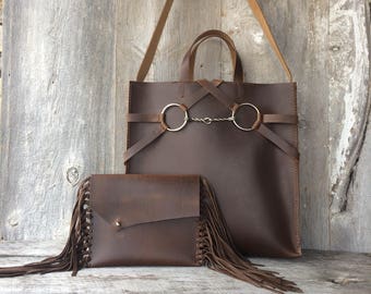 Leather Equestrian Bag in Chocolate Brown Distressed Leather - Gift for Her - Horse Lover - Horse Bit Bag by Stacy Leigh