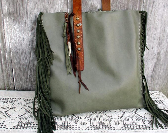 Leather Bag in Sage Green With Italian Suede Fringe Studs Etsy UK