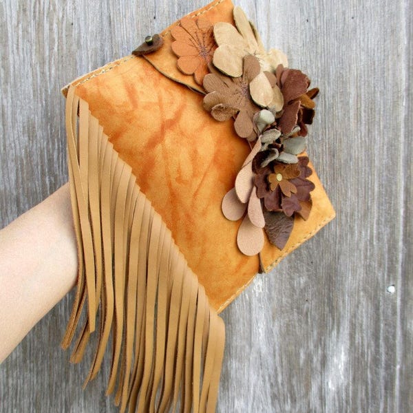 Leather Clutch with Leather Flowers and Fringe Small Leather Bag in Butterscotch - SALE Rustic Boho Style - Marbled Leather - by Stacy Leigh
