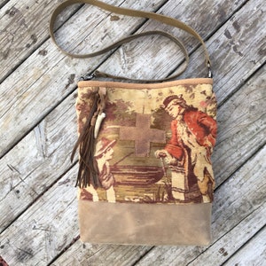 Vintage Tapestry Crossbody Bucket Bag with Swiss Cross Handmade by Stacy Leigh