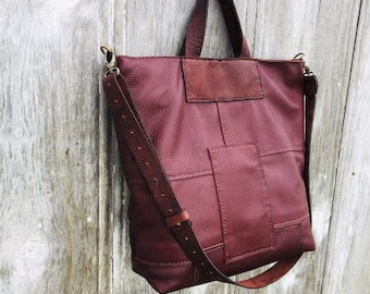 Burgundy Leather Handmade Hand Stitched Patchwork Tote Bag - with Adjustable Shoulder or Crossbody  Strap by Stacy Leigh