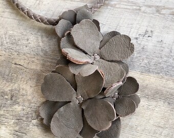 Leather Flower Necklace in Olive Brown - Round Braided - Removable Flower Pendant by Stacy Leigh