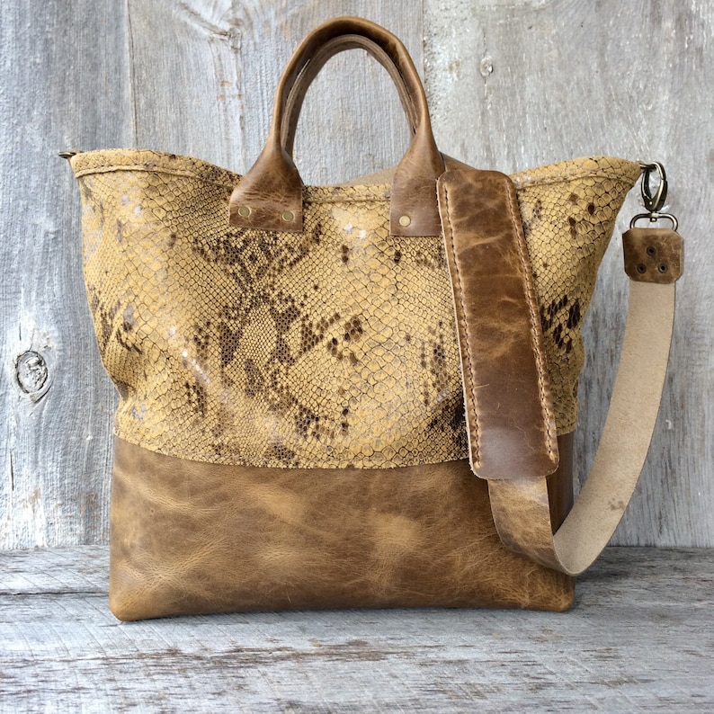 Distressed Leather Tote Bag in Light Brown With Snakeskin Etsy
