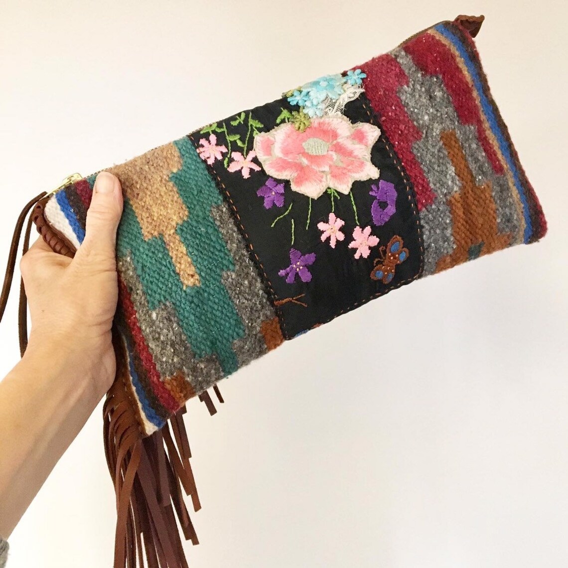 Aztec Clutch Bag With Vintage Needlework Leather Fringe and Etsy