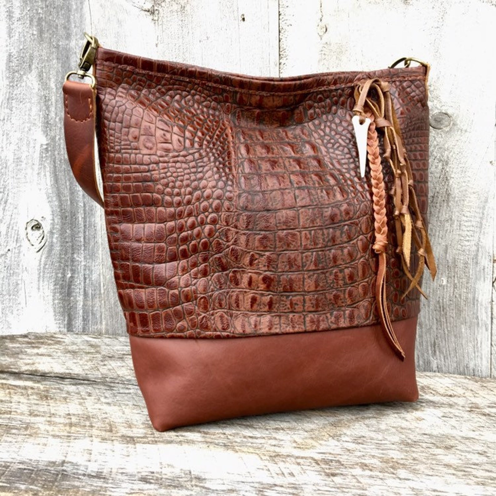 Embossed Alligator Leather Bag in Oxblood / Dark Cognac With Etsy