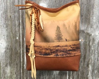 Wilderness Collection Leather Vintage Photo Shoulder Bag in Chestnut, Palomino, & Brown Elk Scene - Deerskin Fringe by Stacy Leigh