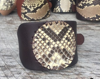 Unisex Leather Cuff with Genuine Snakeskin - Adjustable - Vegetable Tanned - Hand Stitched - Your Choice- Rockabilly Style by Stacy Leigh