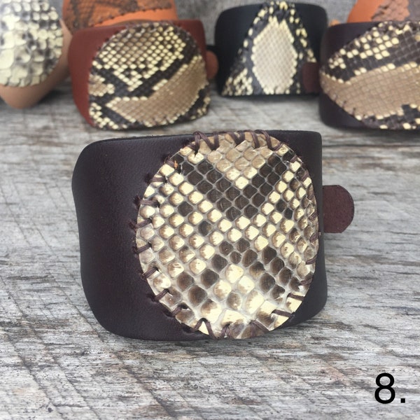 Unisex Leather Cuff with Genuine Snakeskin - Adjustable - Vegetable Tanned - Hand Stitched - Your Choice- Rockabilly Style by Stacy Leigh