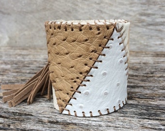 Leather Cuff Handmade with Hair On Calf  & Ostrich in Soft Off White Leather and Beige Fringe by Stacy Leigh