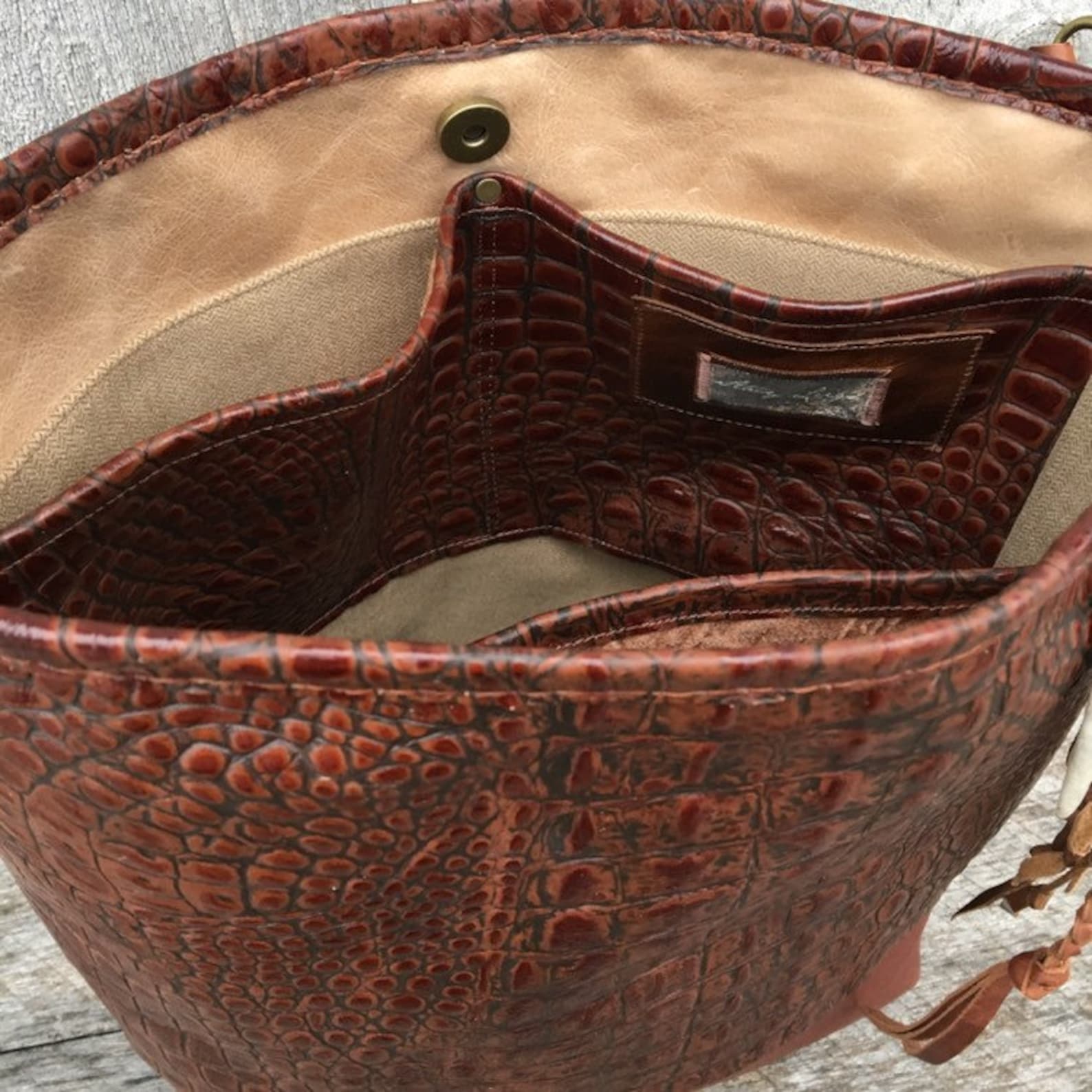 Embossed Alligator Leather Bag in Oxblood / Dark Cognac With Etsy