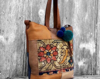 Leather Patchwork Carpetbag Tote with Shoulder Strap in Tan - Blue - and Brown by Stacy Leigh