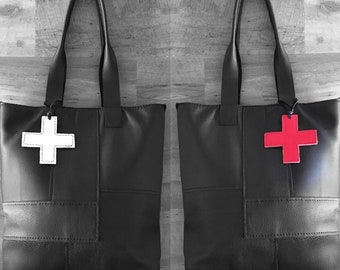 Swiss Cross Black Leather Handmade Patchwork Tote Bag - Red and White Cross Charm - Tie On Your Favorite Scarf by Stacy Leigh