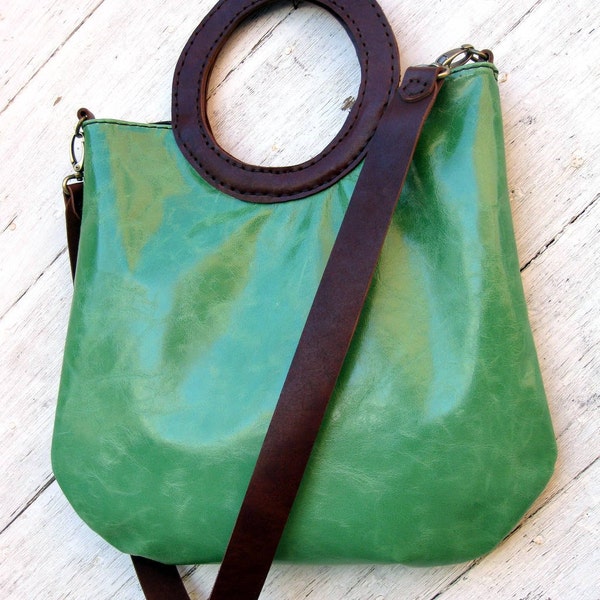Distressed Grass Green Leather Tote with Detachable Shoulder Strap and Brown Circle Handles by Stacy Leigh Ready to Ship
