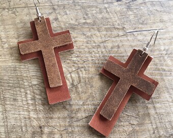 Leather Cross Earrings in Two Tone Brown by Stacy Leigh