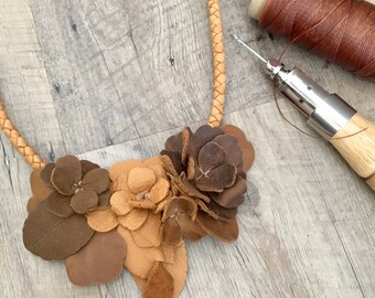 Deerskin Leather Flower Necklace Round Braid in Saddle Brown Handmade by Stacy Leigh