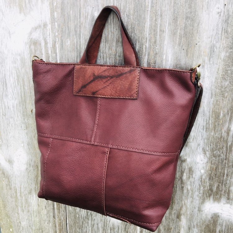 Burgundy Leather Handmade Hand Stitched Patchwork Tote Bag | Etsy