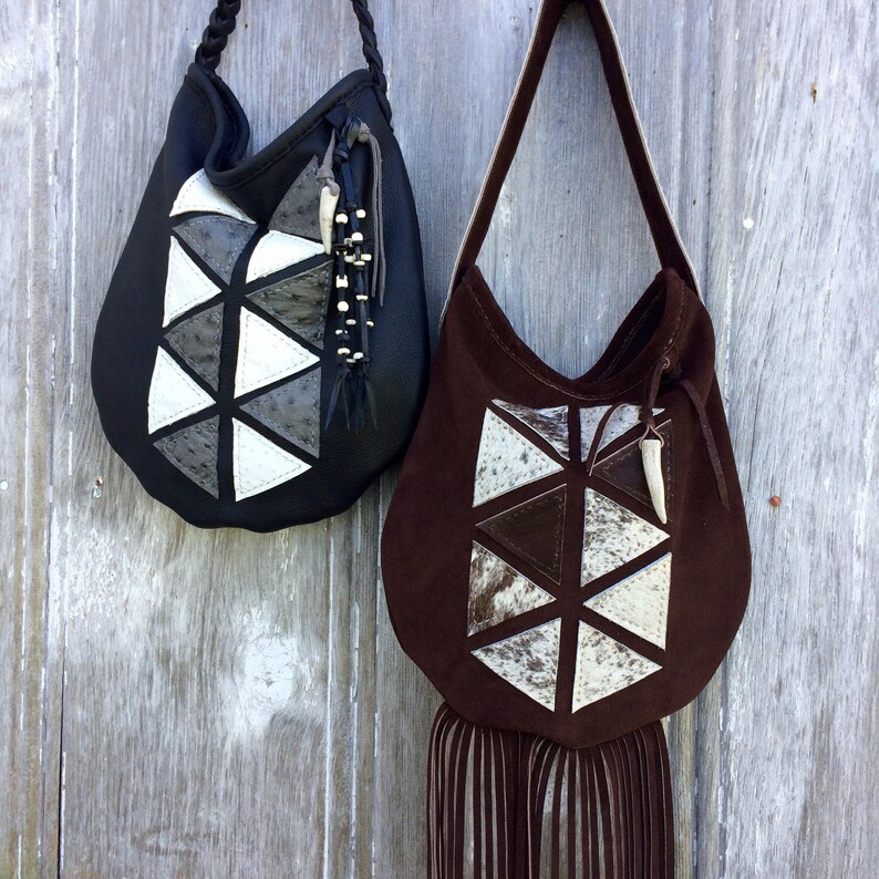 Geometric Triangle Suede Leather Shoulder Bag with Fringe by Etsy