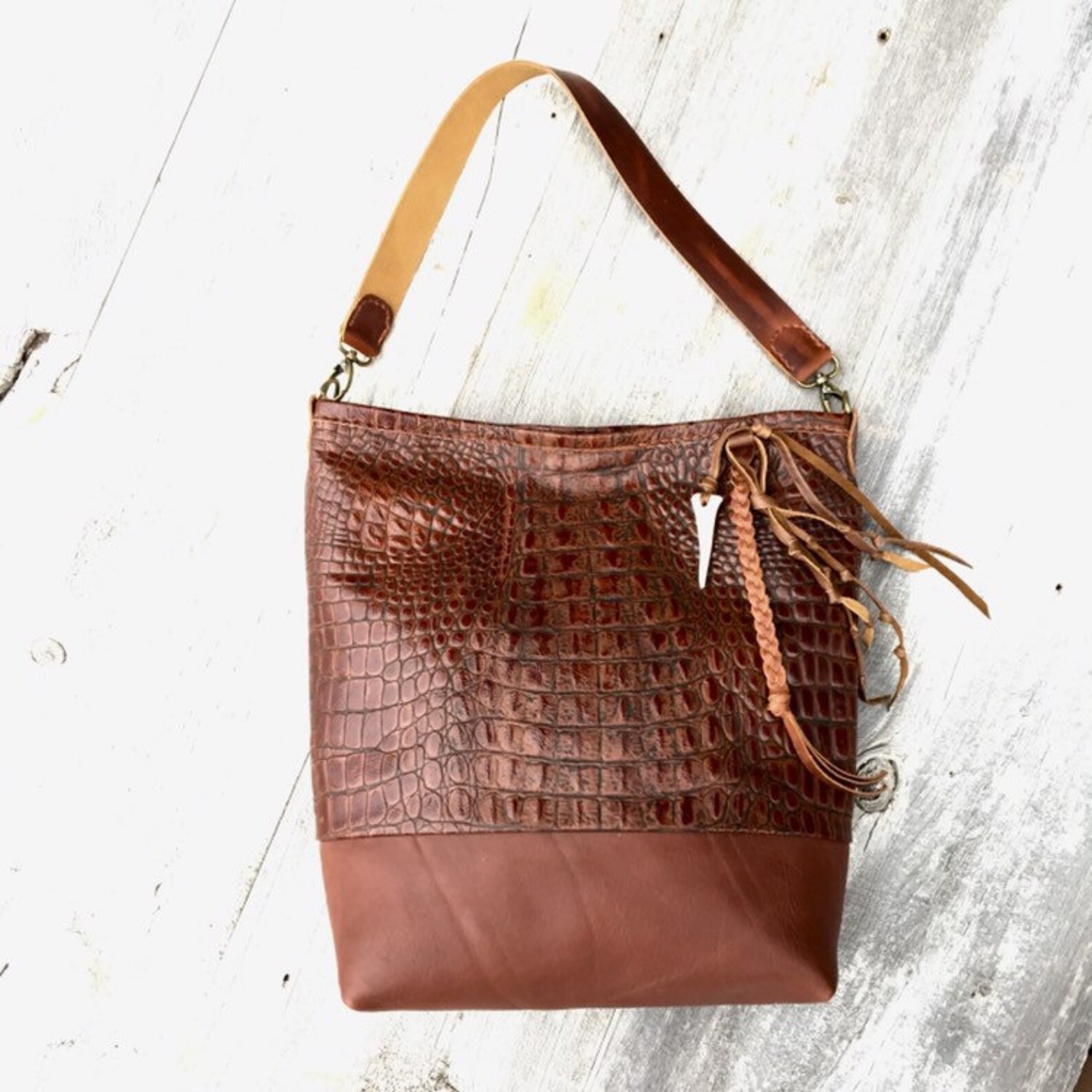 Embossed Alligator Leather Bag in Oxblood / Dark Cognac With Etsy