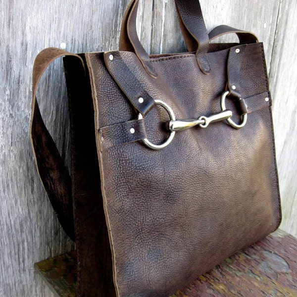 Equestrian Horse Bit Tote Bag in Rugged Distressed Brown Leather by Stacy Leigh