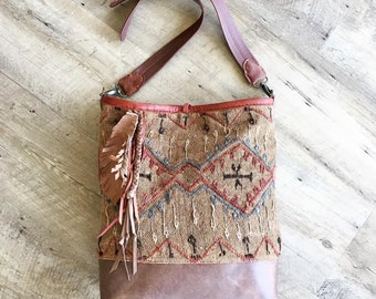 Anatolian Textile Shoulder Bag in Caramel Brown and Rust Leather - Antique Embroidered Tapestry by Stacy Leigh