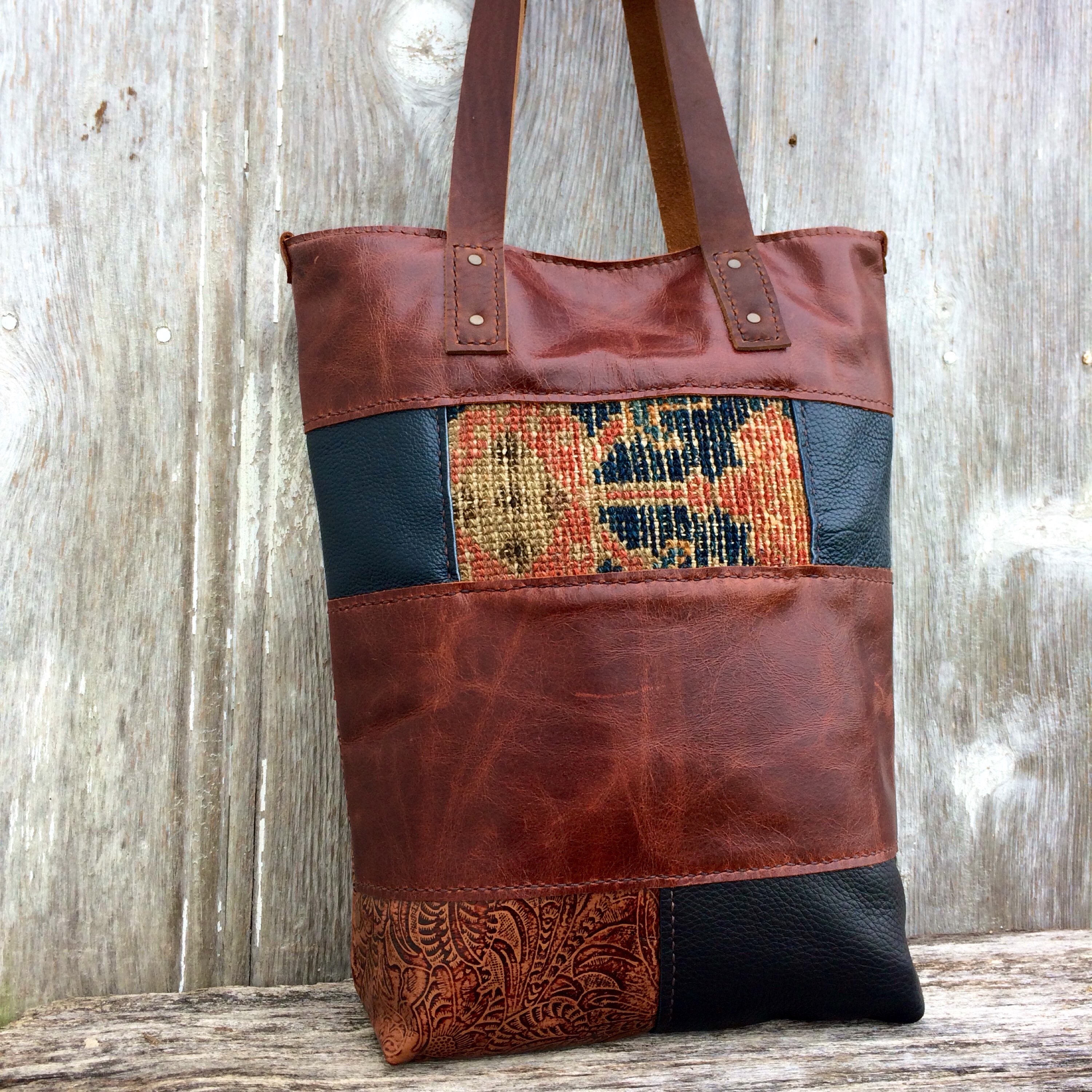 Leather Patchwork Carpetbag Tote in Distressed Chestnut and - Etsy Canada