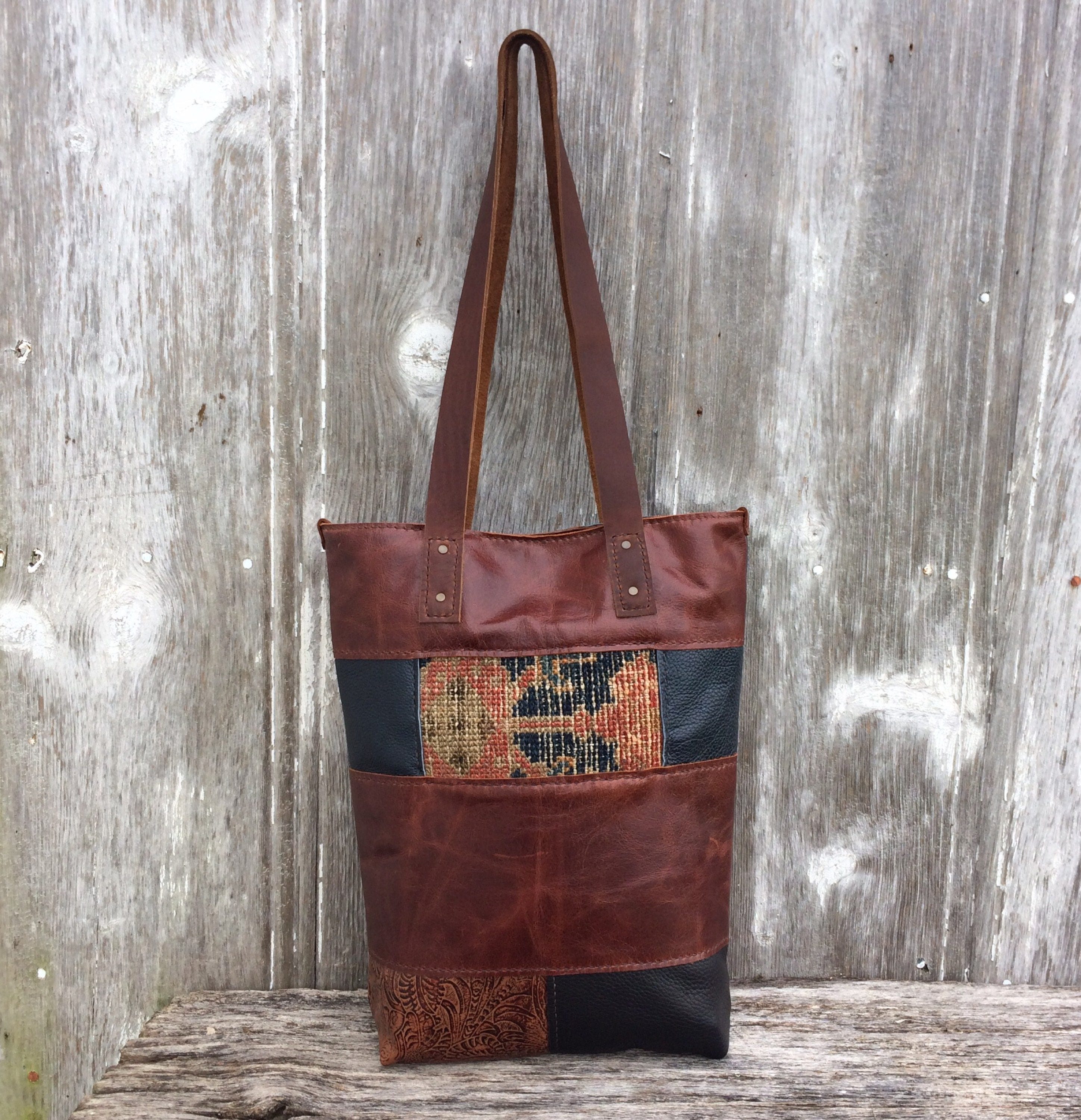 Leather Patchwork Carpetbag Tote in Distressed Chestnut and - Etsy Canada